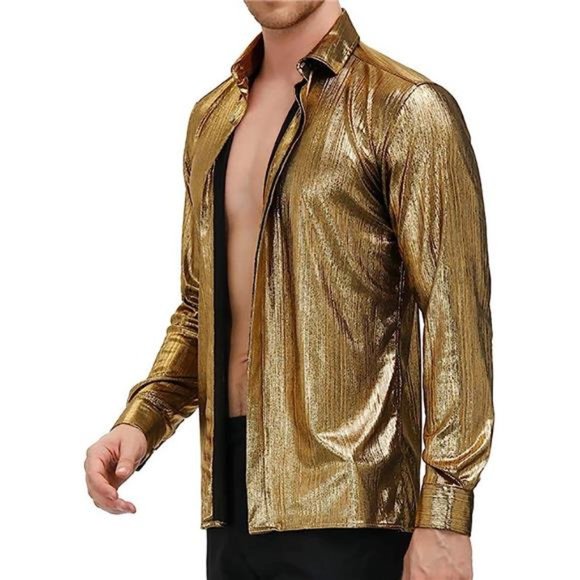 Mens Metallic Dress Shirts Long Sleeve Button Down 70s Disco Shirt Party Costume - Picture 1 of 6